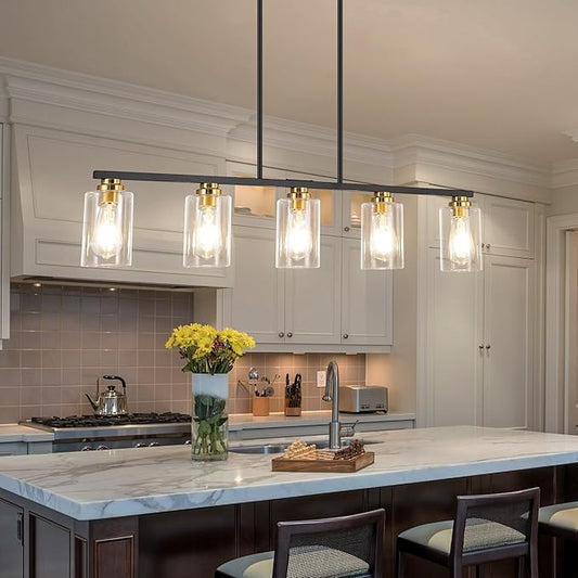Mecgirn Island Light for Kitchen, Black and Gold Dining Room Light Fixture Over Table, 5-Light Linear Chandelier Pendant Lighting for Dining Table Kitchen Island Living Room