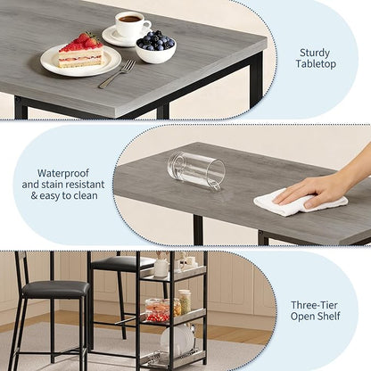 GarveeHome 3-Piece Kitchen Table Set with Storage Shelves & 2 Upholstered Chairs - Iron and Wood Dining Table for Small Spaces, Apartments, Condos, Grey
