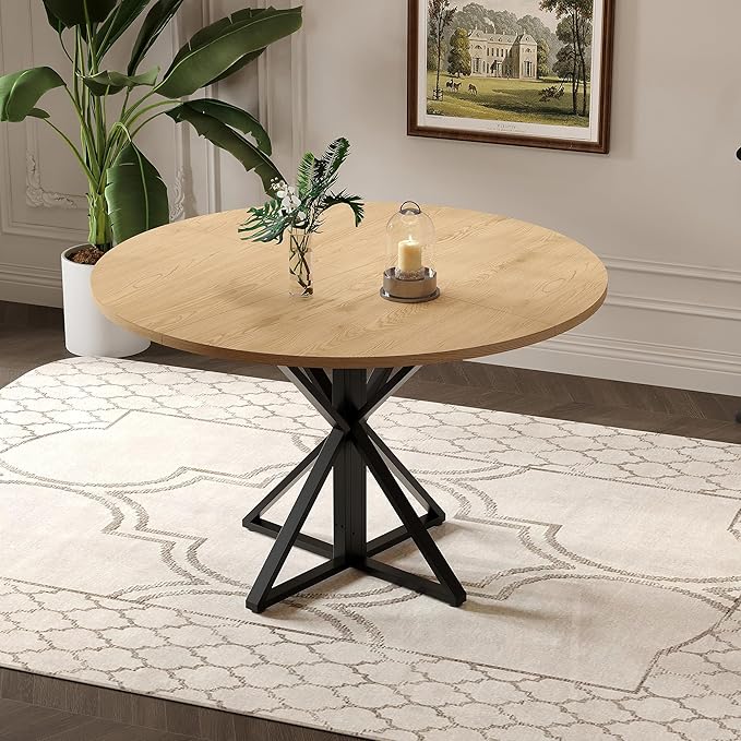 GarveeHome 47 Inch Round Dining Table for 4-6, Circle Kitchen Table with Pedestal Base, Farmhouse Wooden Dining Table for Small Spaces, Kitchen & Dining Room, Living Room-Oak/Only Table