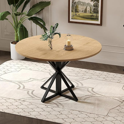GarveeHome 47 Inch Round Dining Table for 4-6, Circle Kitchen Table with Pedestal Base, Farmhouse Wooden Dining Table for Small Spaces, Kitchen & Dining Room, Living Room-Oak/Only Table