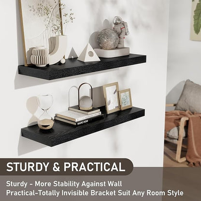 Fun Memories Floating Shelves - 2 Pack 30 Inch Long Rustic Wooden Wall Shelves - 8 Inch Deep Wall Mounted Storage Shelf with Invisible Heavy-Duty Brackets for Books, Bathroom, Kitchen - Black