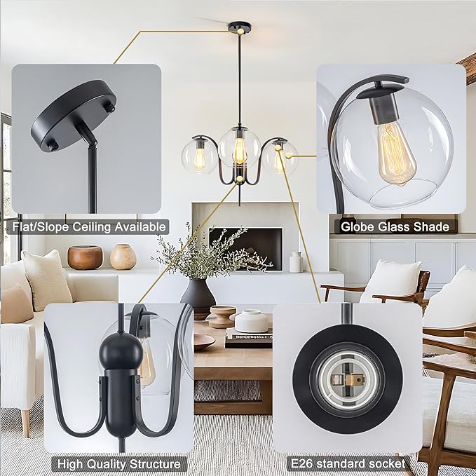 Industrial 3-Light Black Chandelier with Downward Curved Arms, Modern Pendant Light Fixture with Clear Glass Shade, Metal Hanging Ceiling Lighting for Kitchen, Dining Room, Entryway
