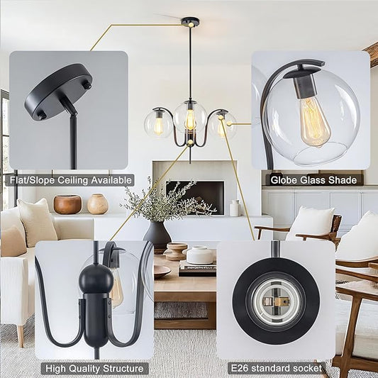 Industrial 3-Light Black Chandelier with Downward Curved Arms, Modern Pendant Light Fixture with Clear Glass Shade, Metal Hanging Ceiling Lighting for Kitchen, Dining Room, Entryway