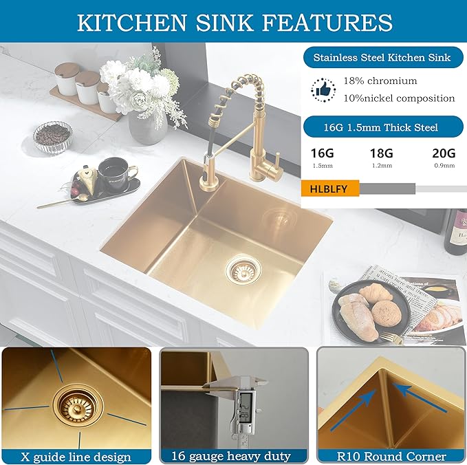 24 Inch Gold Laundry Room Sink Undermount -HLBLFY 24"x18"x12" Gold Laundry Sink Stainless Steel Sink 16 Gauge Single Bowl Deep Kitchen Sink Undermount with Roll Up Rack