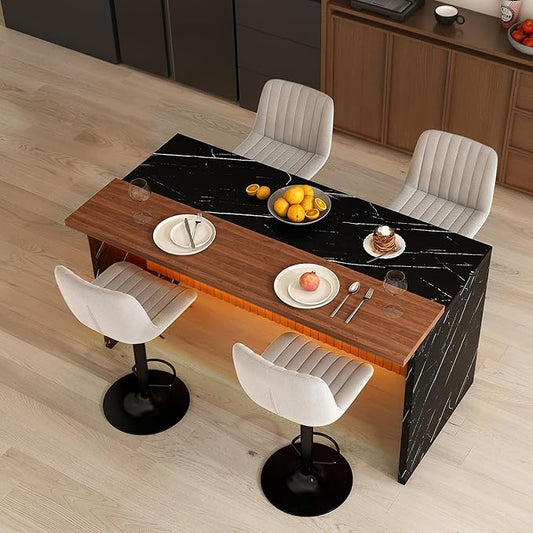 63" Kitchen Island Set with 4 Gray Bar Stools Black Marble Look, LED Lighting Grill for Dining Room, Open Concept Spaces, Lounge(4 Gray Bar Stools)