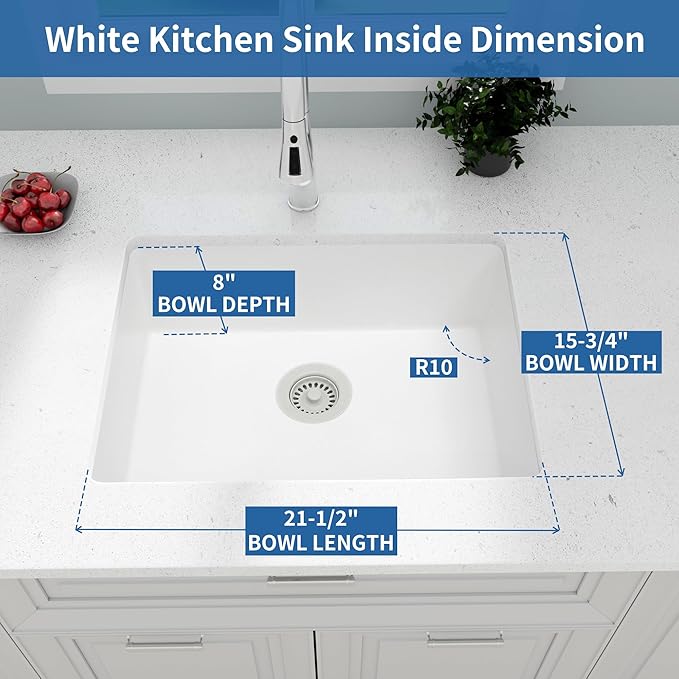 White Kithcen Sink, 23 Inch Undermount Kitchens Sinks, 23"x 18"x 8" Small Bar Sinks, 23 x18 Granite Composite Quartz Stone Kitchen Sink With Accessories
