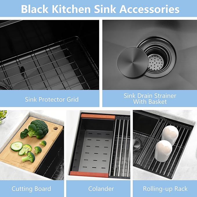 33x19 Inch Black Undermount Kitchen Sink, 16 Gauge 304 Stainless Steel Single Bowl Kitchen Sink, Workstation Sink with Accessories, 33x19x9 Large Deep Basin