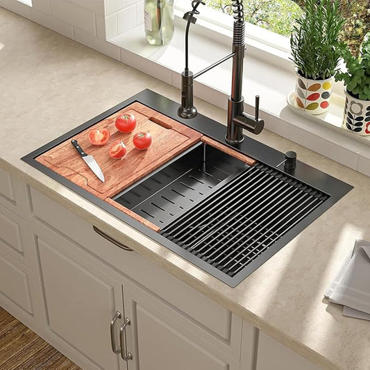 Lordear 30 Inch Black Kitchen Sink Single Bowl Workstation Sinks 16 Gauge All In One 30x22 Kitchen Sinks Stainless Steel Gunmetal Black Sink 30"