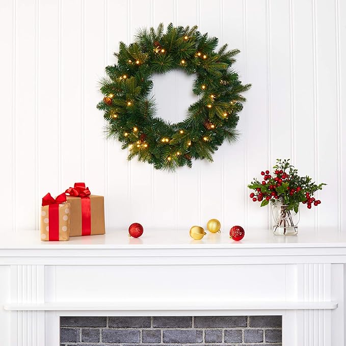 Nearly Natural 24in. Mixed Pine Artificial Christmas Wreath with 35 Clear LED Lights and Pinecones