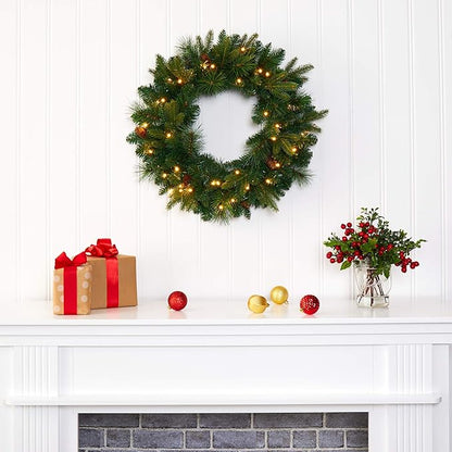Nearly Natural 24in. Mixed Pine Artificial Christmas Wreath with 35 Clear LED Lights and Pinecones
