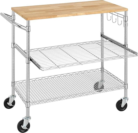 Finnhomy 3-Tier Rolling Kitchen Cart with 18" D x 36" W Oak Wood Tabletop, Kitchen Island Cart with 4" Wheels and Slider Shelf, Microwave Cart & Coffee Cart with Hooks for Dining Room, Chrome