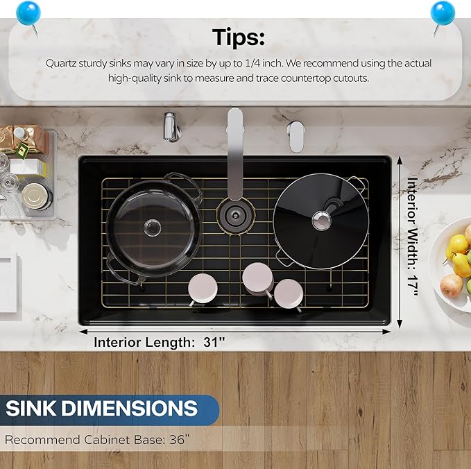 33 Black Granite Composite Kitchen Sink, Hugsleek Undermount Granite Sink Quartz 33x19 inch Workstation Ledge Under Counter Mount Single Bowl Sinks Basin With Black & Gold Sinks Accessories