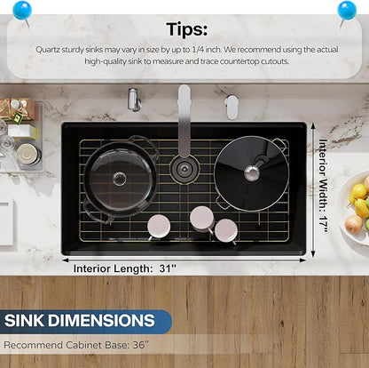 33 Black Granite Composite Kitchen Sink, Hugsleek Undermount Granite Sink Quartz 33x19 inch Workstation Ledge Under Counter Mount Single Bowl Sinks Basin With Black & Gold Sinks Accessories