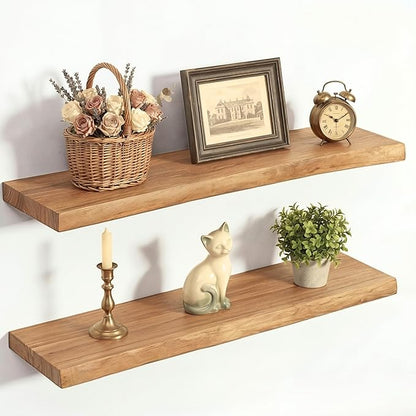 PERFNIQUE 36 Inch Floating Shelves Set of 2, Solid Elm Wood Rustic Live Edge Wall Decor Shelves - Invisible Bracket Mount for Living Room, Kitchen, Bathroom, Natural.