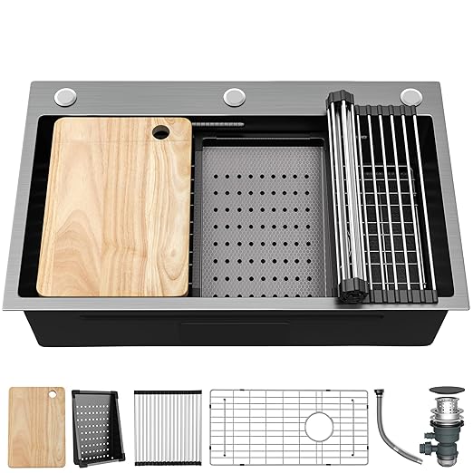 YITAHOME Drop In Kitchen Sink Workstation 30 Inch, Top mount Stainless Steel Nano Gunmetal Black Sink w/Cutting Board& Strainer, Handmade Single Bowl Sink with Accessories 30 x 18 x 10in