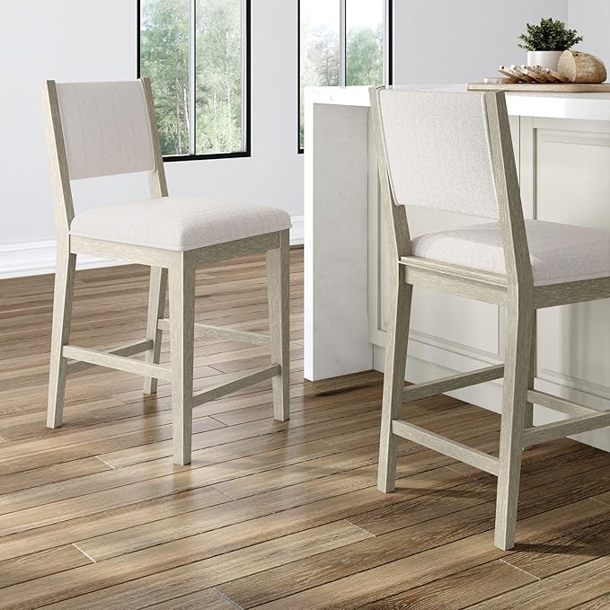 Plank+Beam Sereno Counter Stool, 24", Set of 2, Sturdy Wood Modern Kitchen Counter Height Stool, Upholstered Cushion Counter Chair with Back, Antique White/Ivory