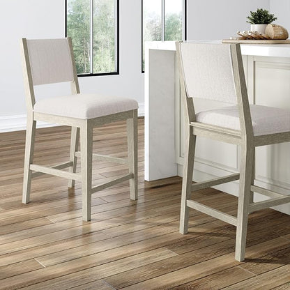 Plank+Beam Sereno Counter Stool, 24", Set of 2, Sturdy Wood Modern Kitchen Counter Height Stool, Upholstered Cushion Counter Chair with Back, Antique White/Ivory