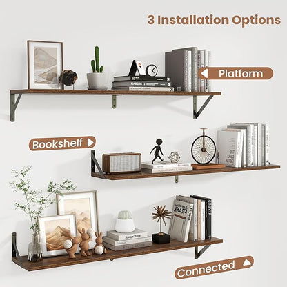 Axeman 40 Inch Floating Shelves | 8 Inch Deep Walnut Wall Shelves Set of 2 | 39.4W x 8D Rustic Wood Shelves for Bookshelf Living Room Bedroom Home Office Bathroom