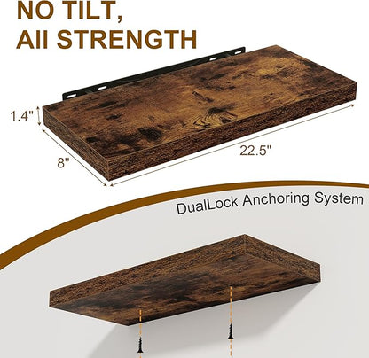 Floating Shelves for Wall, 22.5"W x 8"D Wall Shelf, Rustic Wood Floating Shelf 22.5 Inch Long, Bathroom Shelves Set of 2, 8 Inch Deep Floating Shelves for Living Room, Bedroom, Kitchen, Rustic Brown