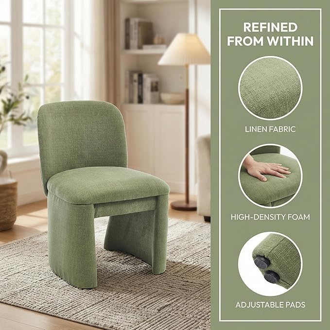 Hyfirm Modern Upholstered Dining Chairs Set of 2, Linen Accent Side Dining Chairs Armless Kitchen Chairs with Curved Back Parsons Chairs for Kitchen Dining Room Living Room, Green