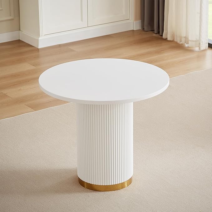 AF ARTISAN FURNITURE Round Dining Table for 4, 35.04" Farmhouse Kitchen Table, One-Piece Solid Wood Top with Gold Stainless Steel Base, Small Circle Dining Table for Kitchen & Living Room, White