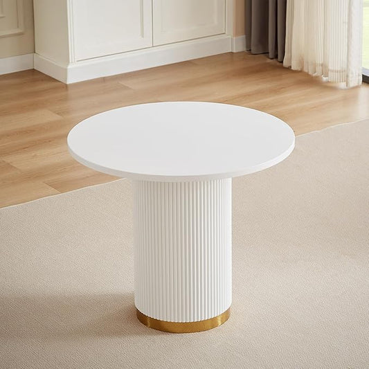 AF ARTISAN FURNITURE Round Dining Table for 4, 35.04" Farmhouse Kitchen Table, One-Piece Solid Wood Top with Gold Stainless Steel Base, Small Circle Dining Table for Kitchen & Living Room, White