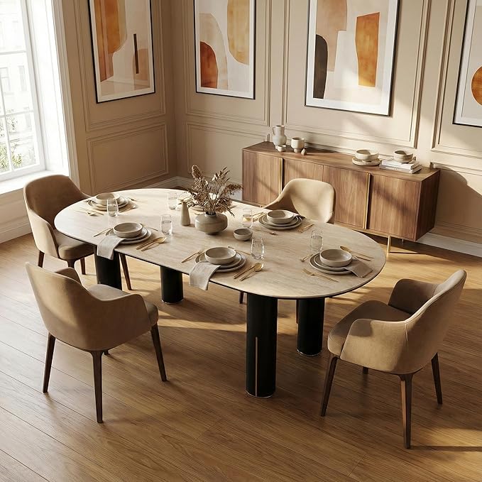 71'' Modern Dining Table for 4-6, Luxury Oval Sintered Stone Kitchen Table with Solid Wood Legs, Mid-Century Farmhouse Dining Room Table for Living Room