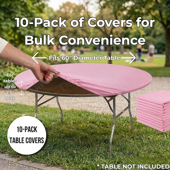 Kwik-Covers 10 Pack of Round Plastic Table Covers - 60" or 72" Round - Indoor or Outdoor Fitted Covers (Tables NOT Included) (Pink, 60" Round)