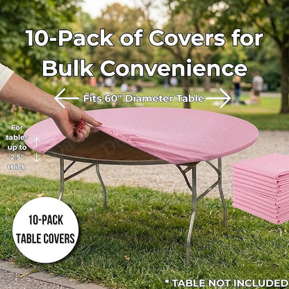 Kwik-Covers 10 Pack of Round Plastic Table Covers - 60" or 72" Round - Indoor or Outdoor Fitted Covers (Tables NOT Included) (Pink, 60" Round)