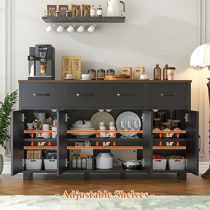 VVFLU 55" Sideboard Buffet Cabinet with Storage, Coffee Bar Cabinet with 3 Drawers and 4 Barn Doors, Long Storage Cabinet Modern Farmhouse, Black Wood, for Kitchen, Dining Room, Living Room