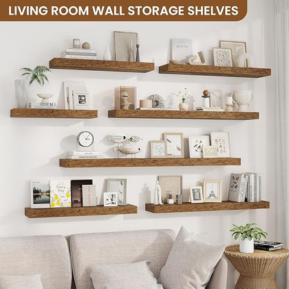 fuqing Floating Shelves for Wall, Wall Mounted Wood Floating Shelf with Invisible Brackets for Living Room, Bathroom, Bedroom, Kitchen Storage and Decor, 55 Inch Set of 2, Rustic Brown