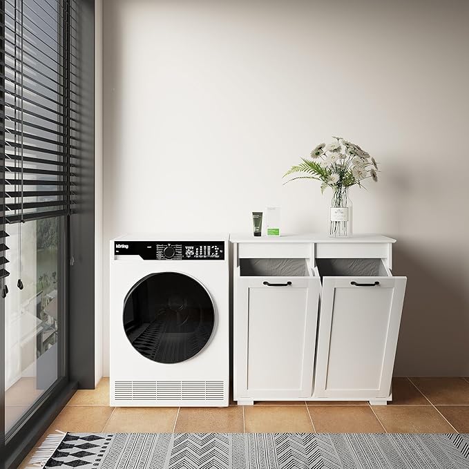 KEIKI Double Tilt Out Laundry Hamper Cabinet, with 2 Removable Liner Bags, Double Doors Hidden Hamper w/Metal Handles, Free Standing Wood Laundry Sorter Floor Cabinets for Bathroom,White, (Style A)