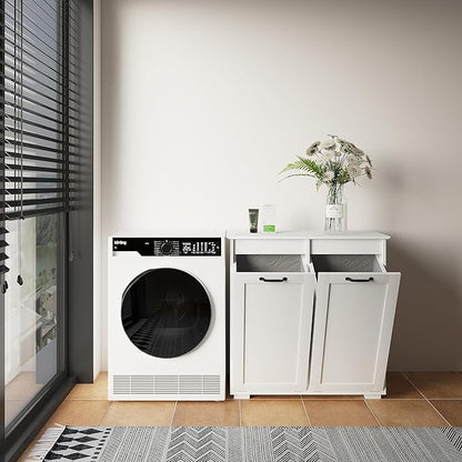 KEIKI Double Tilt Out Laundry Hamper Cabinet, with 2 Removable Liner Bags, Double Doors Hidden Hamper w/Metal Handles, Free Standing Wood Laundry Sorter Floor Cabinets for Bathroom,White, (Style A)