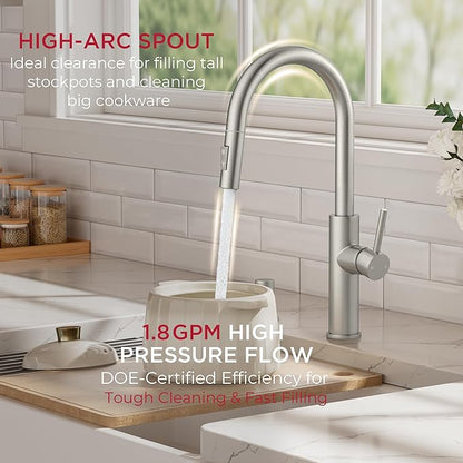 FORIOUS Kitchen Faucet with Pull Down Sprayer, Classic Brushed Nickel, Single Handle High Arc Stainless Steel Kitchen Sink Faucet, 1 or 3 Hole Deck Mount for RV, Bar, Farmhouse, Laundry, Outdoor