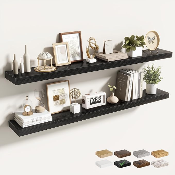 Acovy 48 Inch Floating Shelves for Wall 2 Pack, 48" Wall Shelves for Books, Storage, Decor, Wall Mounted Floating Shelf with Invisible Brackets for Kitchen, Living Room, Black