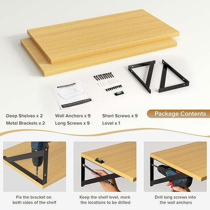 Acovy Deep Floating Shelves Wall Mounted, 24"x12" Oak Wall Shelves with Brackets Set of 2 for Bedroom, Living Room, Bathroom, Kitchen, Office - Storage & Display Shelf for Decor, Books, Plants