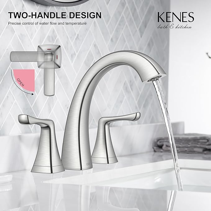 KENES Bathroom Faucets for Sink 3 Hole, Brushed Nickel 2 Handle 8 Inch Widespread Bathroom Faucet, Bathroom Vanity Faucet with Pop Up Drain & Supply Lines, LJ-9075