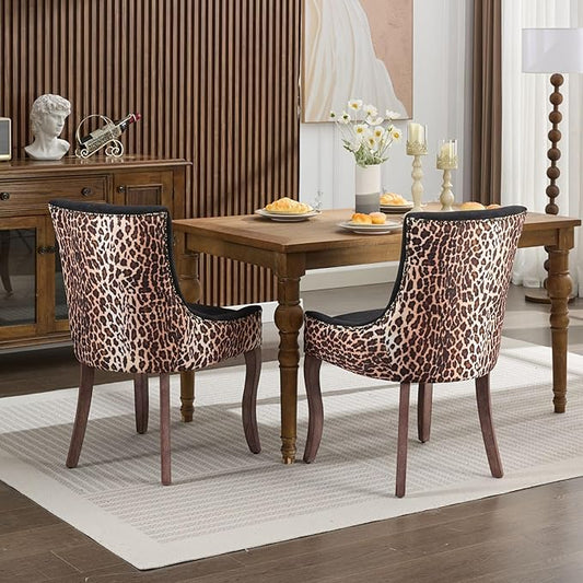 Ball & Cast Mid-century Upholstered Dining Chairs Set of 2, Thickened Fabric Wing Back Kitchen Side-Chairs with Bronze Nail Head & Toned Solid Wood Legs, Two Tone Traditional Chair,Black+Leopard Print