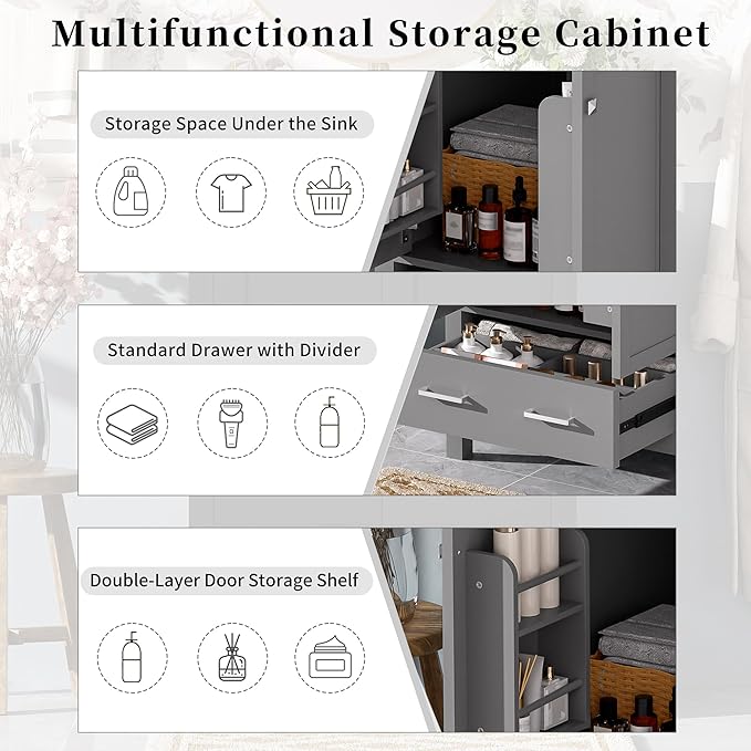 Favfurish 24" Modern Bathroom Vanity with Ceramic Sink, Freestanding Storage Cabinet w/2 Soft-Close Doors & 1 Drawer, Double-Layer Door Shelf, Solid Wood Frame for Small Bathrooms, Easy Assembly,Grey