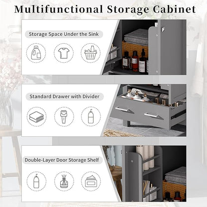 Favfurish 24" Modern Bathroom Vanity with Ceramic Sink, Freestanding Storage Cabinet w/2 Soft-Close Doors & 1 Drawer, Double-Layer Door Shelf, Solid Wood Frame for Small Bathrooms, Easy Assembly,Grey