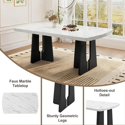 63" Faux Marble Island Table, Rustic Dining Table with 350Lbs Capacity, Farmhouse Dining Table with Geometric Legs for Family Meals, White+Black