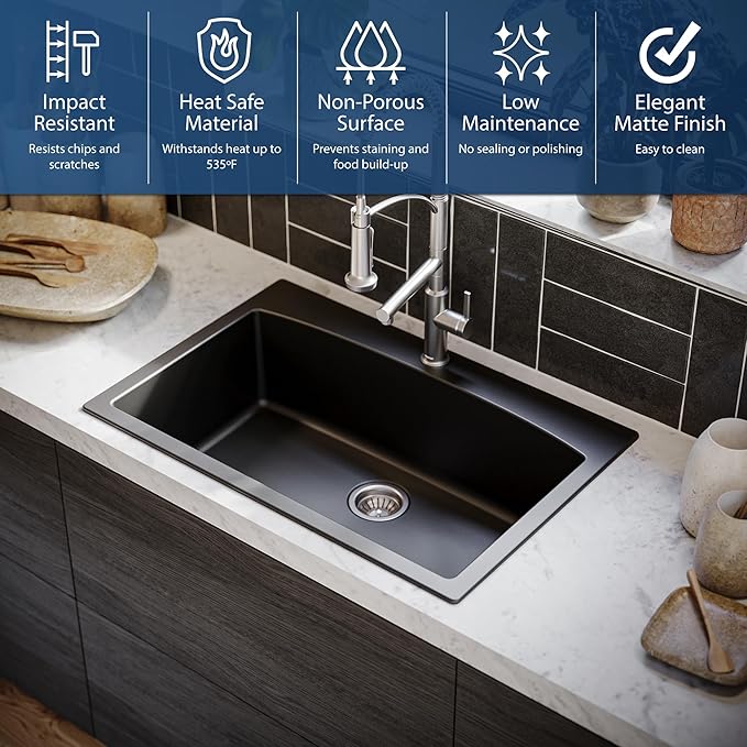 Karran QT-712 33 Inch Drop-In Quartz Composite Single Bowl Kitchen Sink, Top Mount, 1-Hole, Heat & Scratch Resistant, Easy Clean, Black