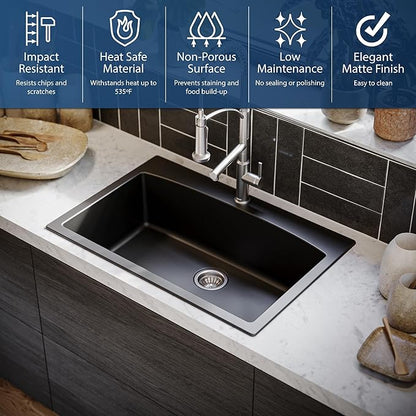 Karran QT-712 33 Inch Drop-In Quartz Composite Single Bowl Kitchen Sink, Top Mount, 1-Hole, Heat & Scratch Resistant, Easy Clean, Black