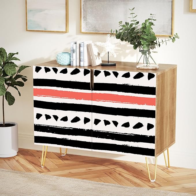 SIGNWIN Sideboard Buffet Cabinet, Kitchen Storage Cabinet with 2 Doors, Black & Red Geometric Line Patterns, Cupboard Console Table for Dining Room - 35" L x 18" W x 29" H