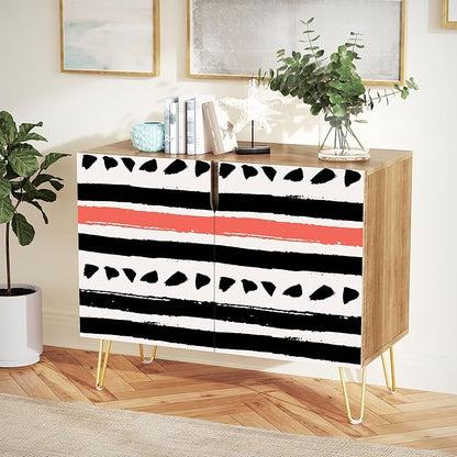 SIGNWIN Sideboard Buffet Cabinet, Kitchen Storage Cabinet with 2 Doors, Black & Red Geometric Line Patterns, Cupboard Console Table for Dining Room - 35" L x 18" W x 29" H
