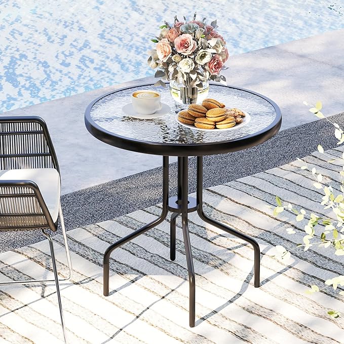 Giantex 27.5" Outdoor Bistro Table, Patio Round Dining Table w/Tempered Glass Tabletop & 1.57" Umbrella Hole, Heavy-Duty Metal Frame for Garden Yard Poolside Porch (27.5"x27.5"x28")