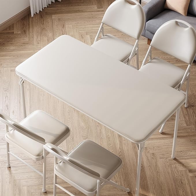 IDEALHOUSE Folding Table, Portable Folding Card Rectangle Table with Sturdy Metal Frame, PU Leather Upholstered Foldable Table, for Dining Room, Living Room, Office, Camping, Brige