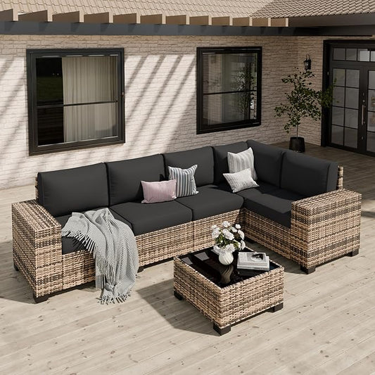 Patio Furniture Set, Wide Armrest Outdoor Furniture Set with Thick Cushions, 6 Piece Wicker Rattan Patio Sectional Sofa for Backyard, Poolside, Garden