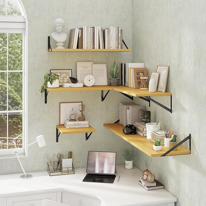 Acovy Deep Floating Shelves Wall Mounted, 24"x12" Oak Wall Shelves with Brackets Set of 2 for Bedroom, Living Room, Bathroom, Kitchen, Office - Storage & Display Shelf for Decor, Books, Plants