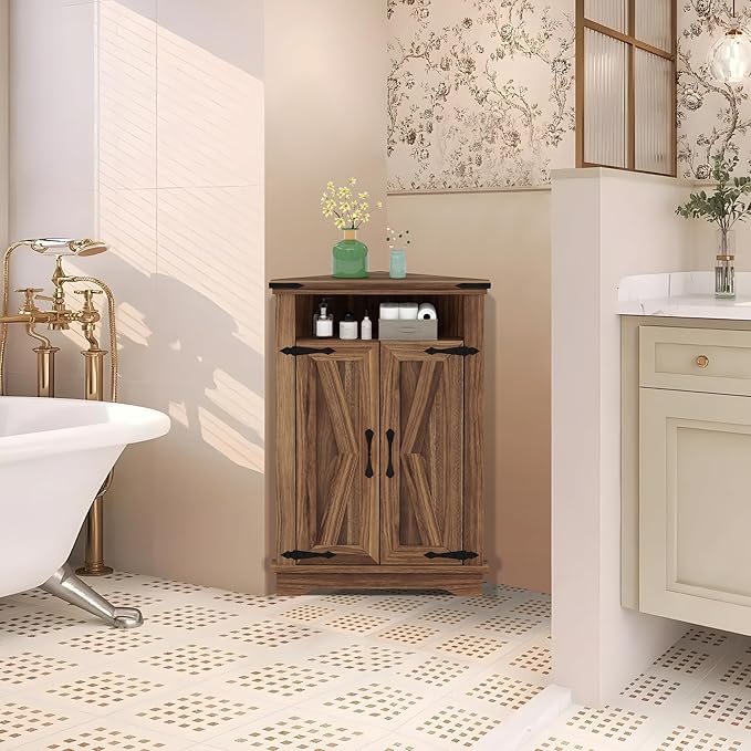 GarveeHome Corner Bathroom Cabinet, Small Corner Cabinet with Barn Doors & Adjustable Shelf, Farmhouse Bathroom Table with Storage for Small Spaces, Kitchen, Living Room, Brown